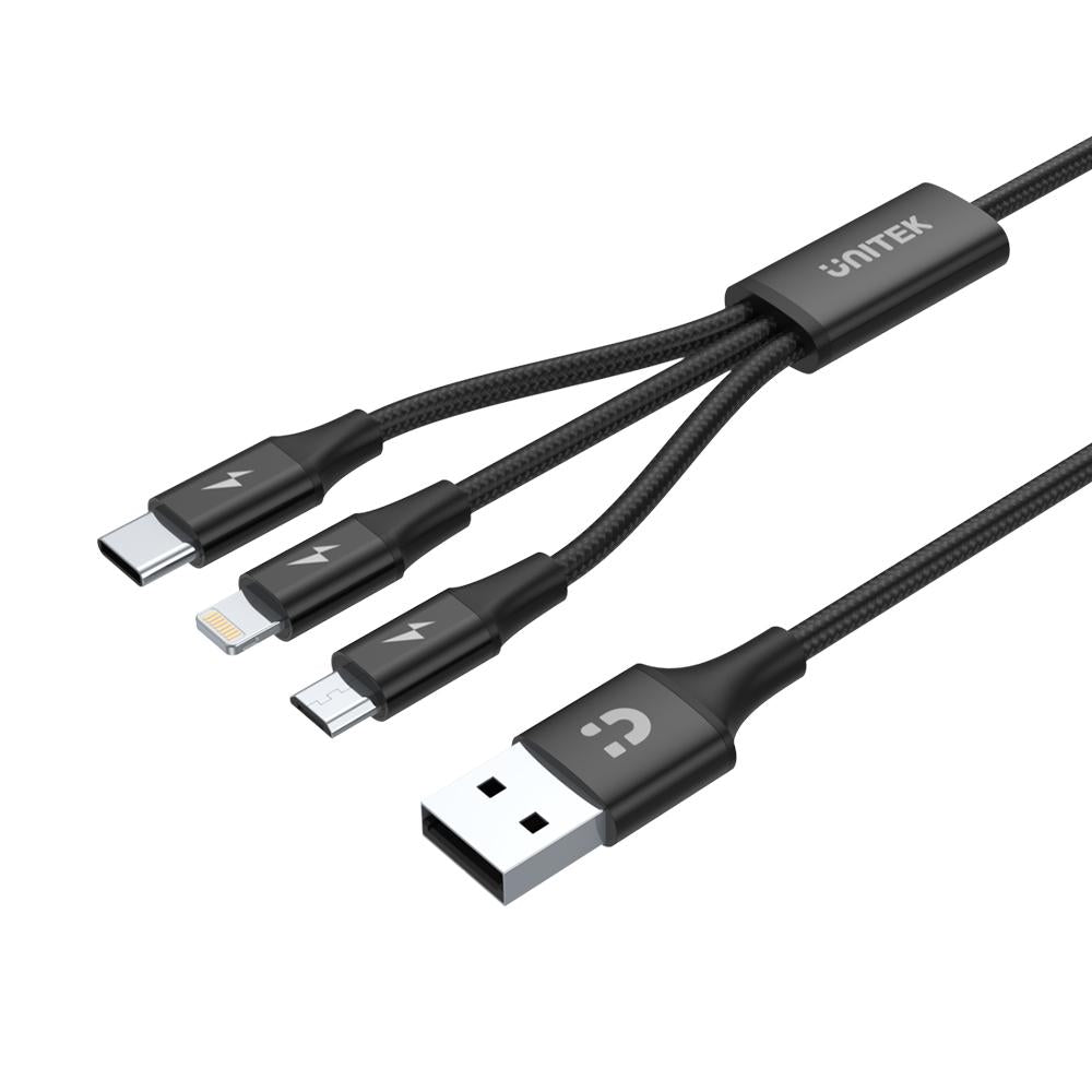 Unitek 3-in-1 USB Charging Cable 1.2M, For Lighting/USB-C/Micro USB, Charging 3 Devices Simultaneously