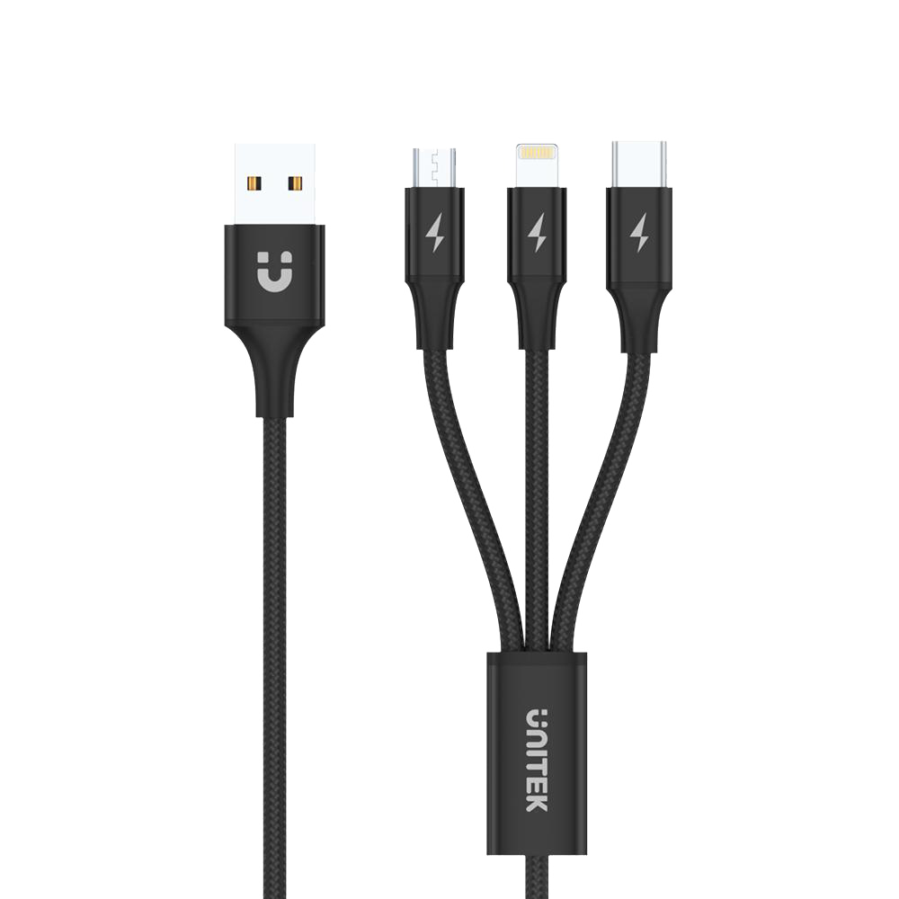 Unitek 3-in-1 USB Charging Cable 1.2M, For Lighting/USB-C/Micro USB, Charging 3 Devices Simultaneously