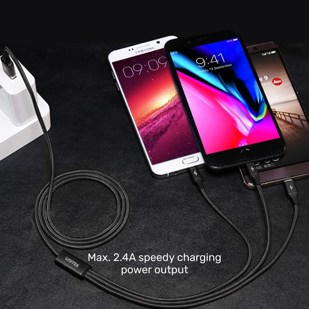 Unitek 3-in-1 USB Charging Cable 1.2M, For Lighting/USB-C/Micro USB, Charging 3 Devices Simultaneously