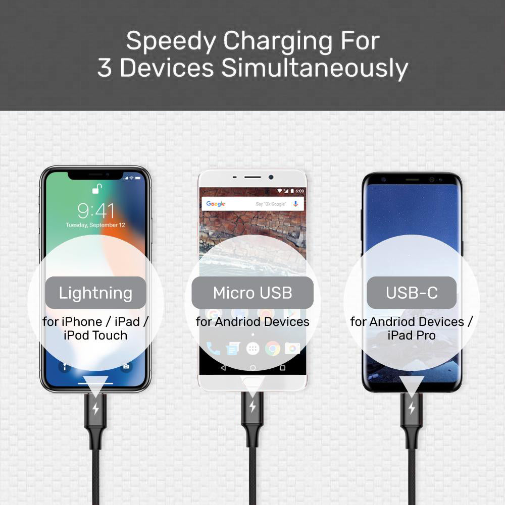 Unitek 3-in-1 USB Charging Cable 1.2M, For Lighting/USB-C/Micro USB, Charging 3 Devices Simultaneously