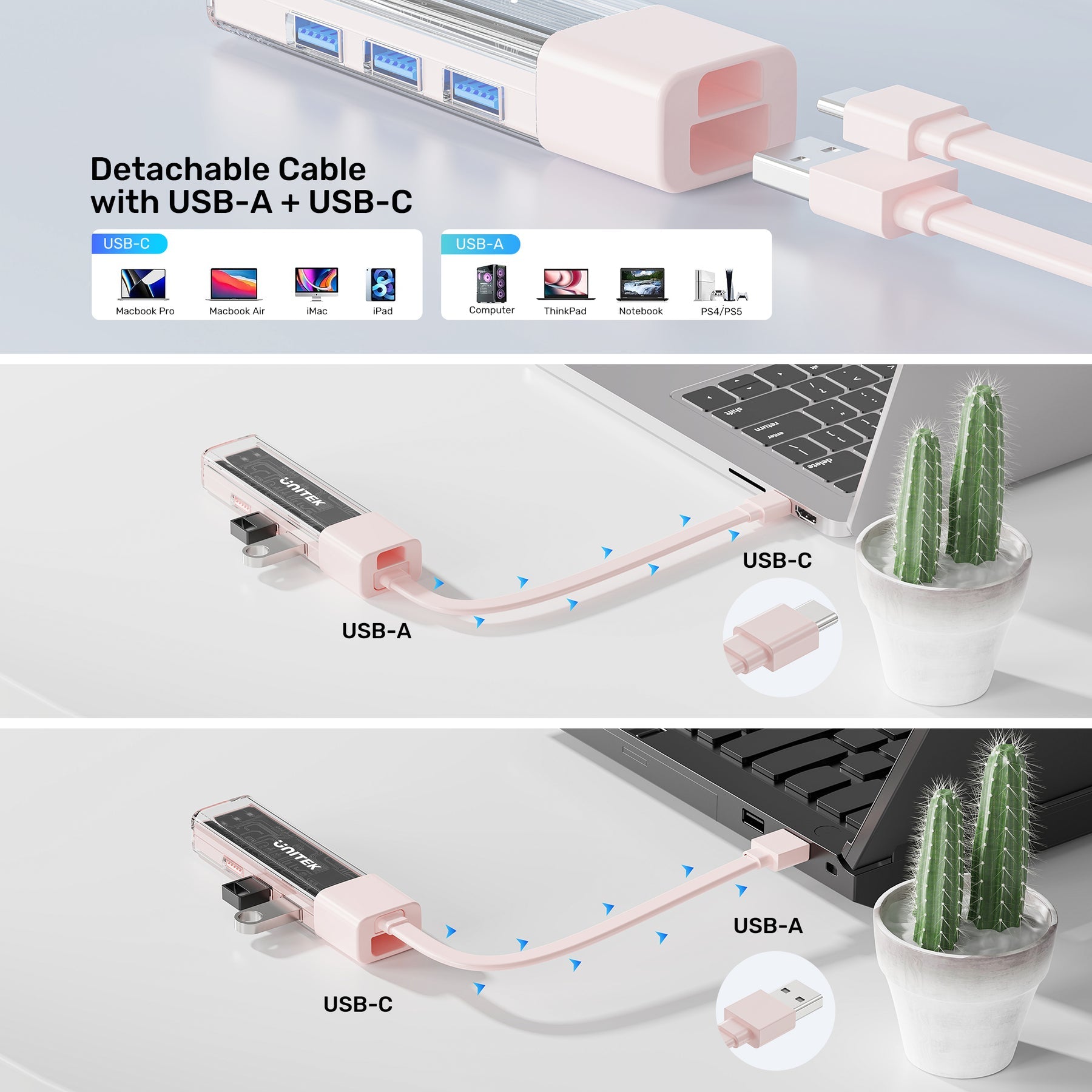 Unitek Bi-Directional Hub with Detachable Cable-C/A