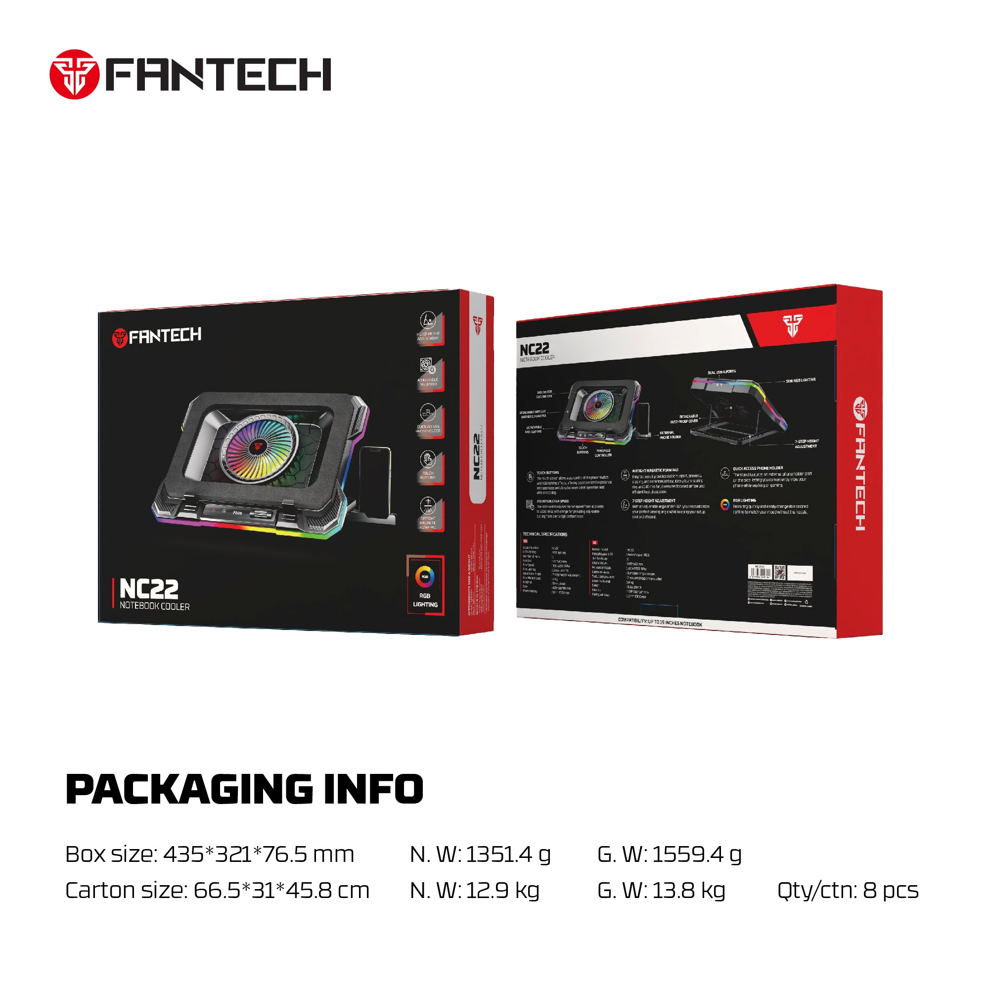 Fantech NC22 RGB Notebook Cooler with Dual USB-A power port and Phone Holder