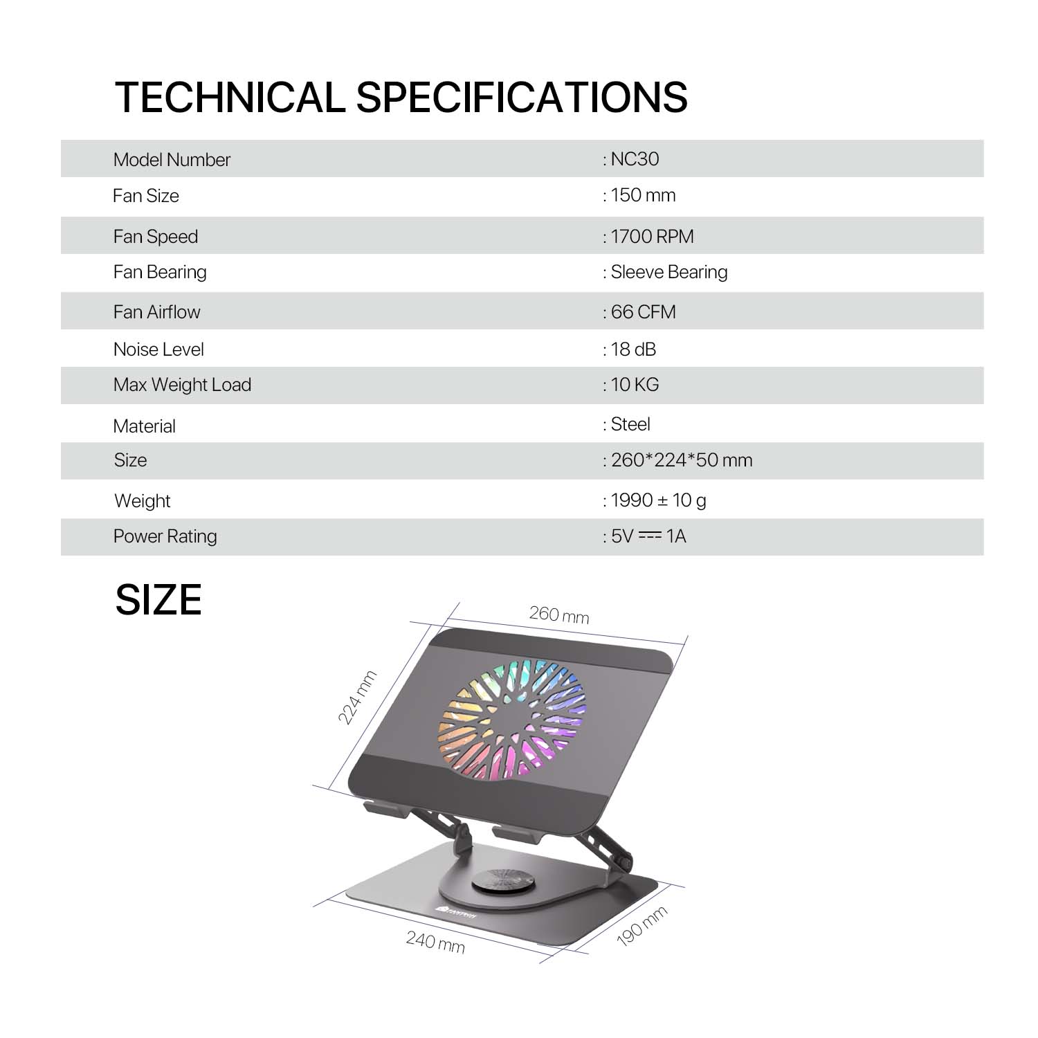 Fantech NC30 Notebook Laptop Cooler RGB Cooling Stand with 360° Rotating Base - Grey
