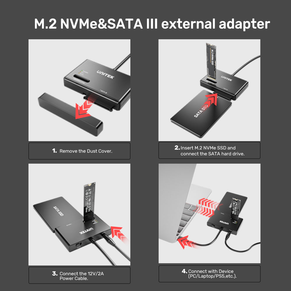 Unitek NVMe M.2 SSD Enclosure Adapter, USB-C 10Gbps to SATA3 & M.2 SSD, 12V2A Power Adaptor