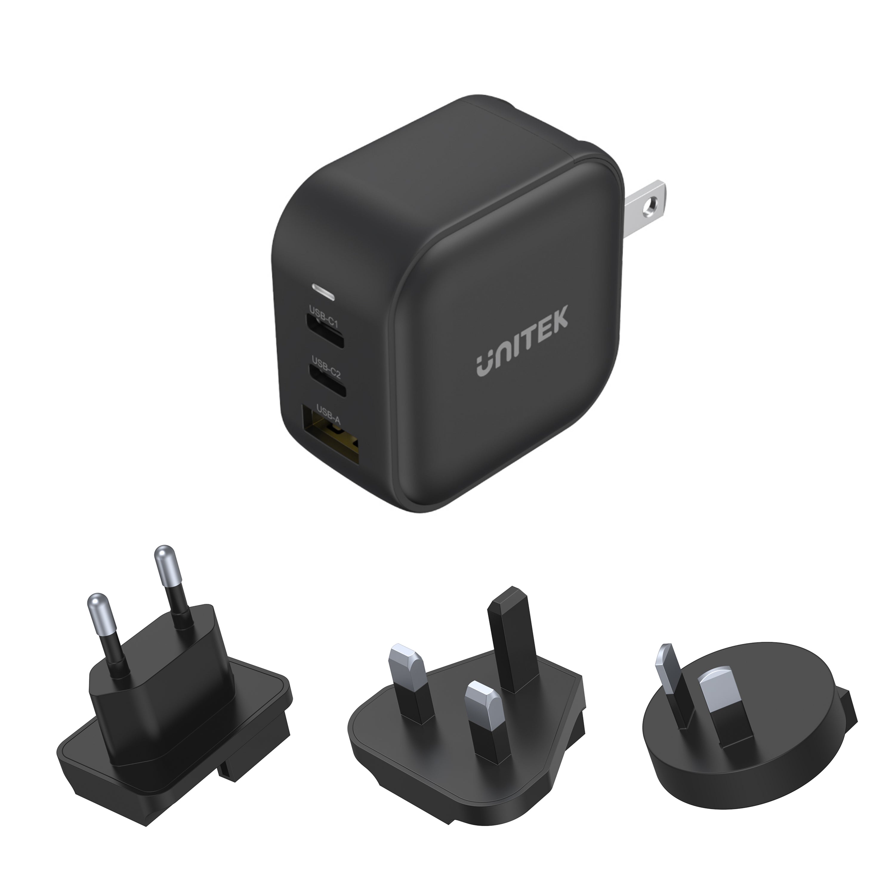 Unitek 3-in-1 65W GaN Travel Charger (PD*2 + QC3.0), With US/EU/UK/AU Plugs