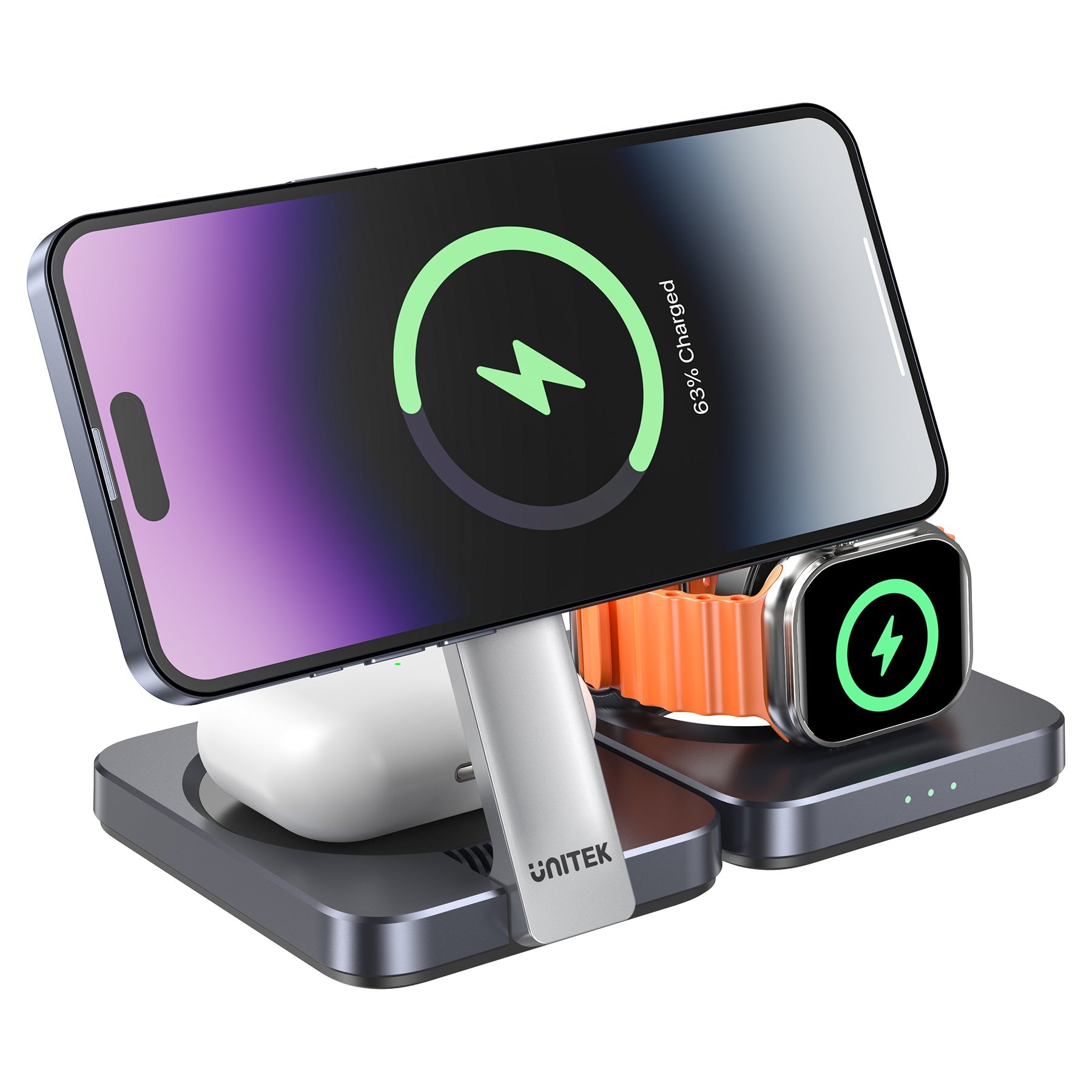 Unitek Qi2 Foldable 3-in-1 Wireless Charging Station iPhone 15W / Apple Watch 2.5W / Airpod 3W (Black)