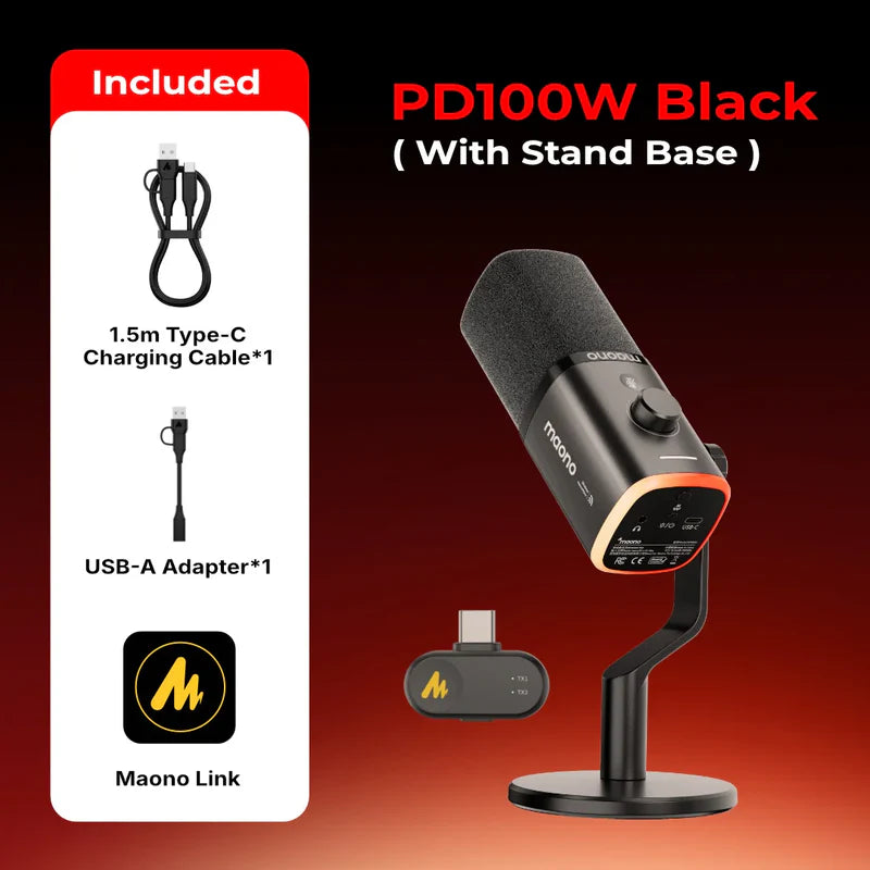 MAONO PD100W Wireless & USB Dynamic Microphone for Podcasting, Game Streaming (Desktop stand)