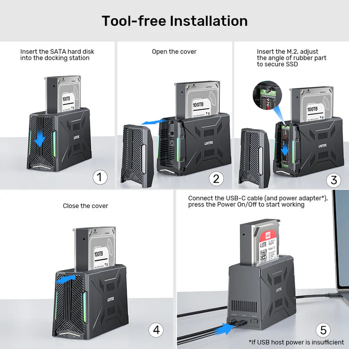 Unitek USB-C 10Gbps to M.2 SSD & SATA Hard Drive Docking Station with RGB, 12V2A AU Power Adapter