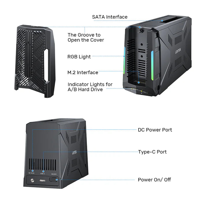 Unitek USB-C 10Gbps to M.2 SSD & SATA Hard Drive Docking Station with RGB, 12V2A AU Power Adapter