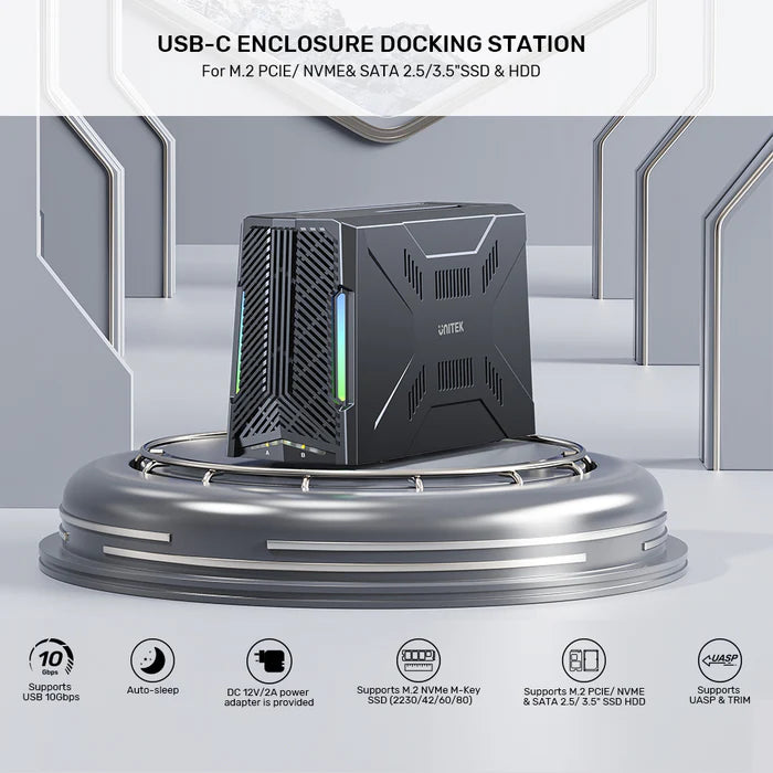 Unitek USB-C 10Gbps to M.2 SSD & SATA Hard Drive Docking Station with RGB, 12V2A AU Power Adapter