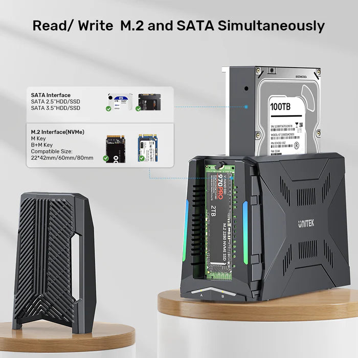 Unitek USB-C 10Gbps to M.2 SSD & SATA Hard Drive Docking Station with RGB, 12V2A AU Power Adapter