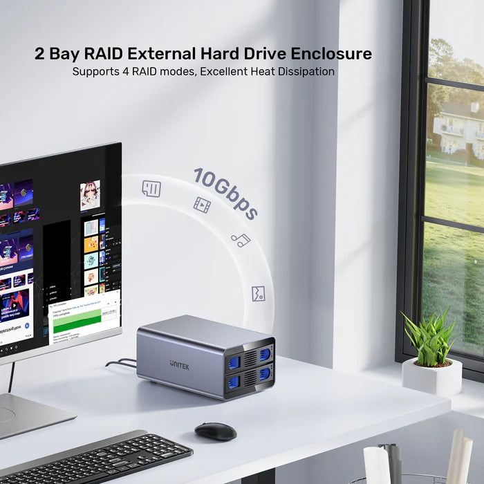 Unitek 2 BAY USB-C RAID External Hard Drive Enclosure Supports 10GB/SATA Max. 40TB Capacity