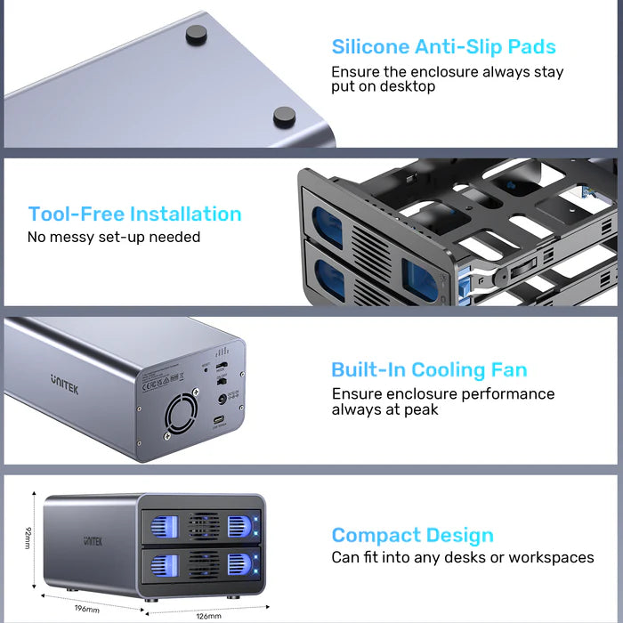 Unitek 2 BAY USB-C RAID External Hard Drive Enclosure Supports 10GB/SATA Max. 40TB Capacity