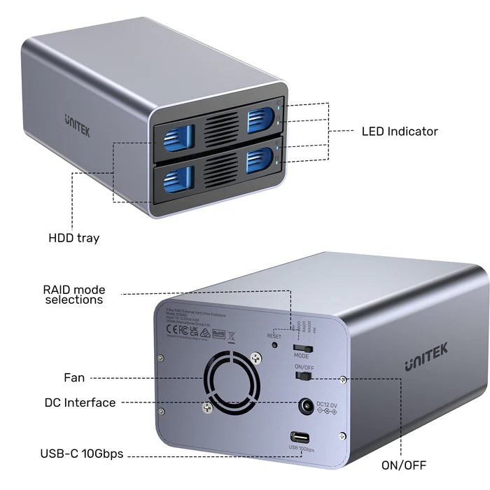 Unitek 2 BAY USB-C RAID External Hard Drive Enclosure Supports 10GB/SATA Max. 40TB Capacity