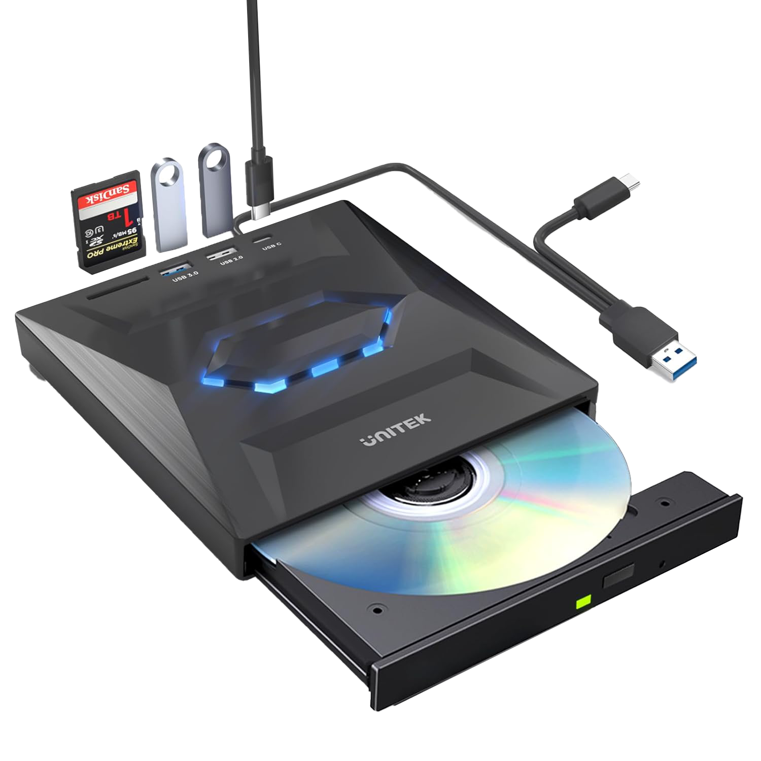 Unitek External CD DVD Driver with 1*USB 3.0 port, 1*USB 2.0 port, 1*USB C 2.0 port, SD Card Reader, CD/DVD Burner