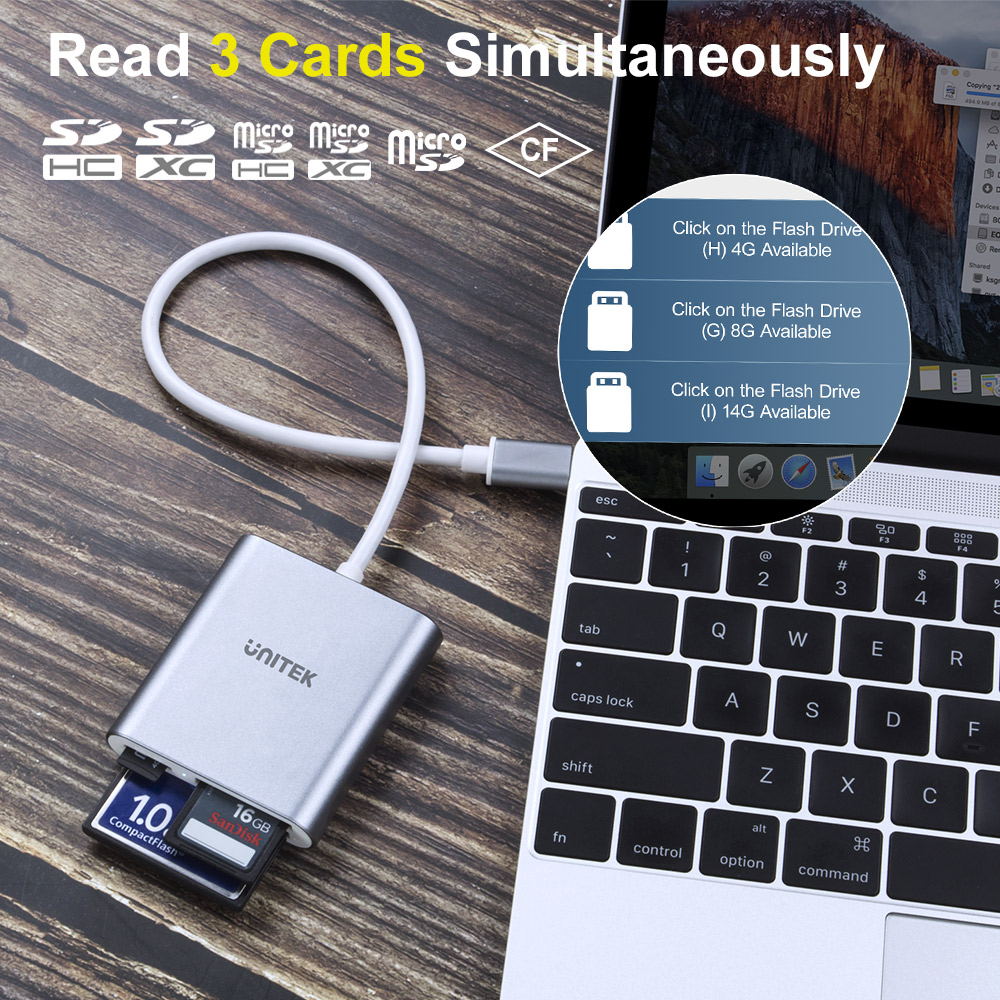 Unitek USB SD Card Reader, Aluminum 3-Slot USB 3.0 Type-C Flash Memory Card Reader