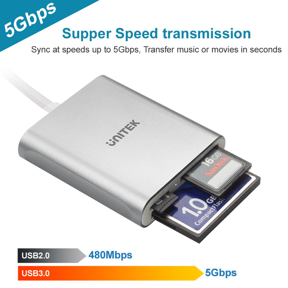 Unitek USB SD Card Reader, Aluminum 3-Slot USB 3.0 Type-C Flash Memory Card Reader