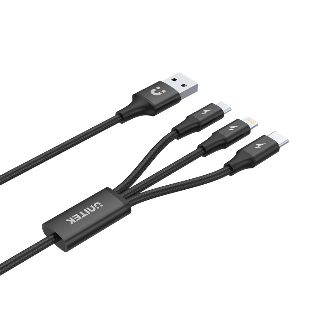 Unitek 3-in-1 USB Charging Cable 1.2M, For Lighting/USB-C/Micro USB, Charging 3 Devices Simultaneously