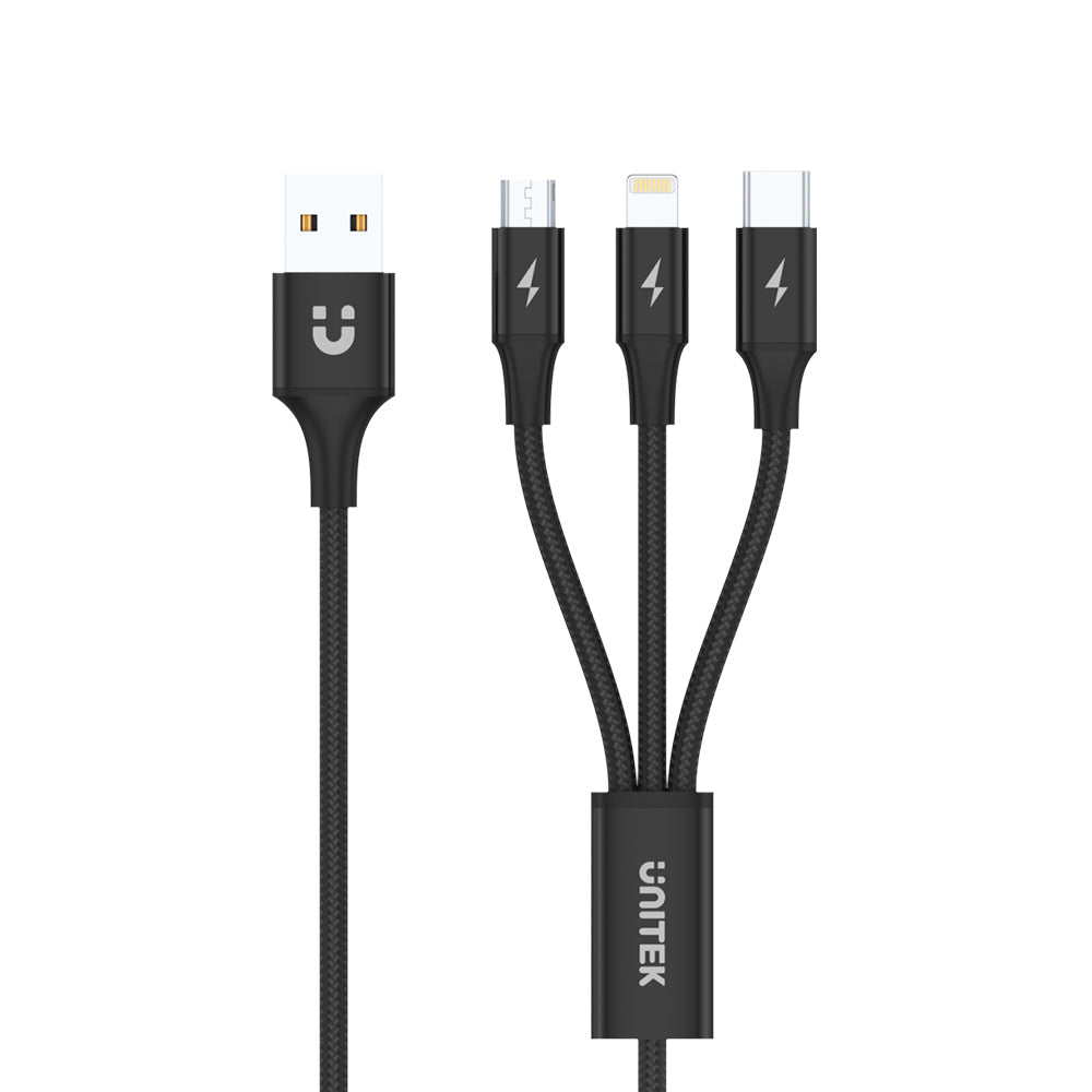 Unitek 3-in-1 USB Charging Cable 1.2M, For Lighting/USB-C/Micro USB, Charging 3 Devices Simultaneously