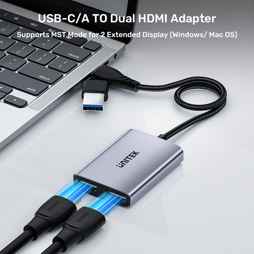 Unitek USB C/A Dual HDMI Adapter,1080P@60Hz, Supports Windows/ Mac OS MST Mode for Dual Monitors, 60cm