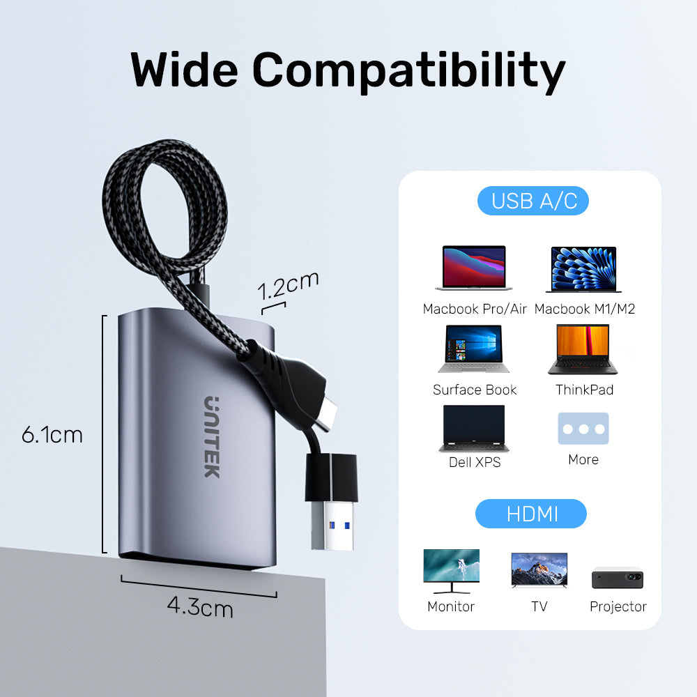 Unitek USB C/A Dual HDMI Adapter,1080P@60Hz, Supports Windows/ Mac OS MST Mode for Dual Monitors, 60cm