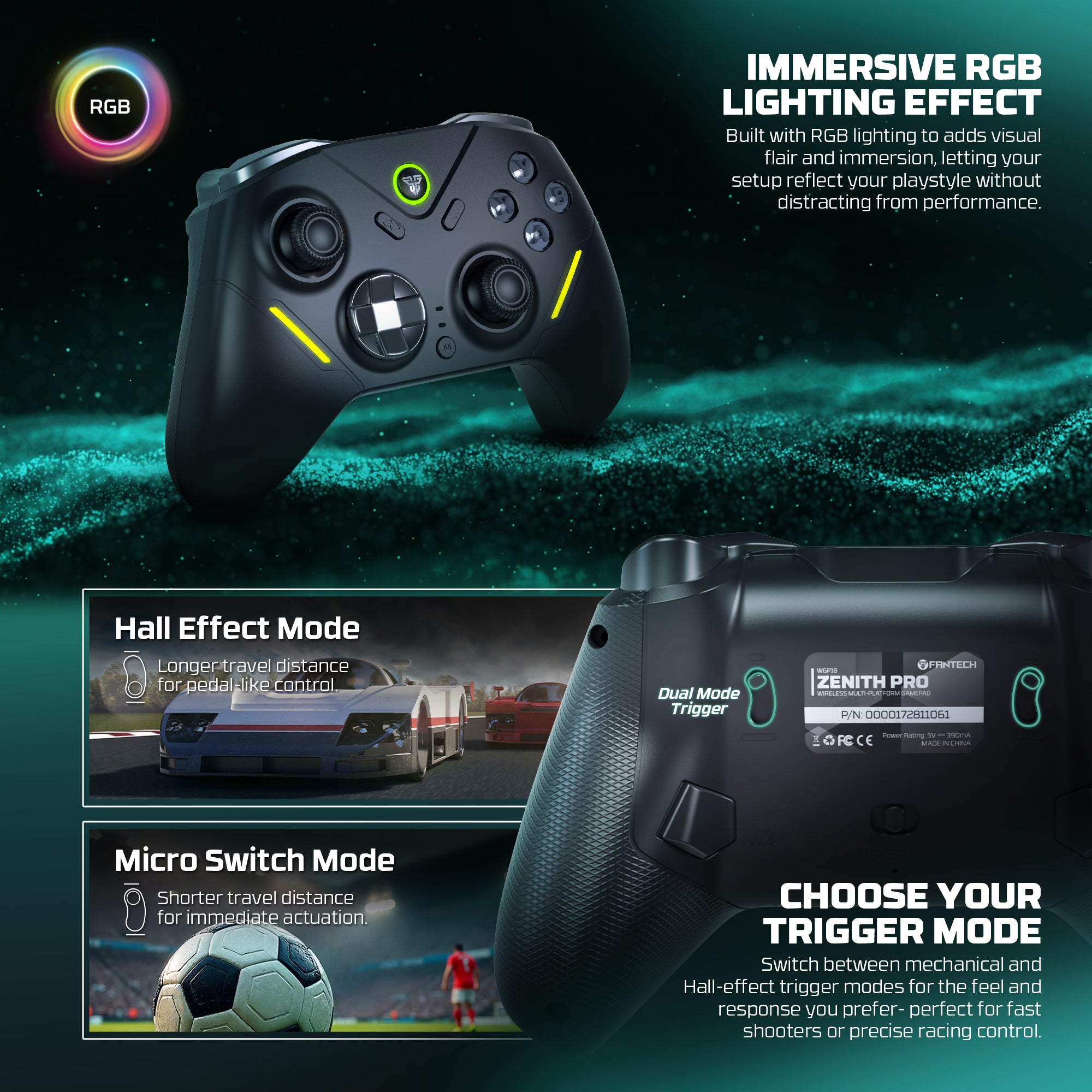 Fantech ZENITH PRO Wireless Gamepad RGB Multi-Platform Hall-Effect Game Controller with Charging Dock