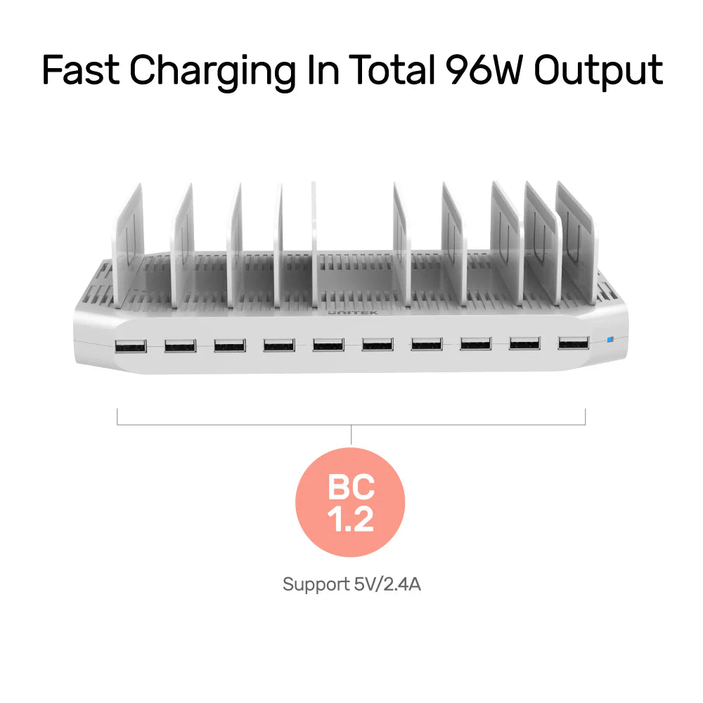 Unitek 96W Charge Stastion 10-in-1 with Spacing Adjustable Device Stand, All Ports Support Max 5V/2.4A