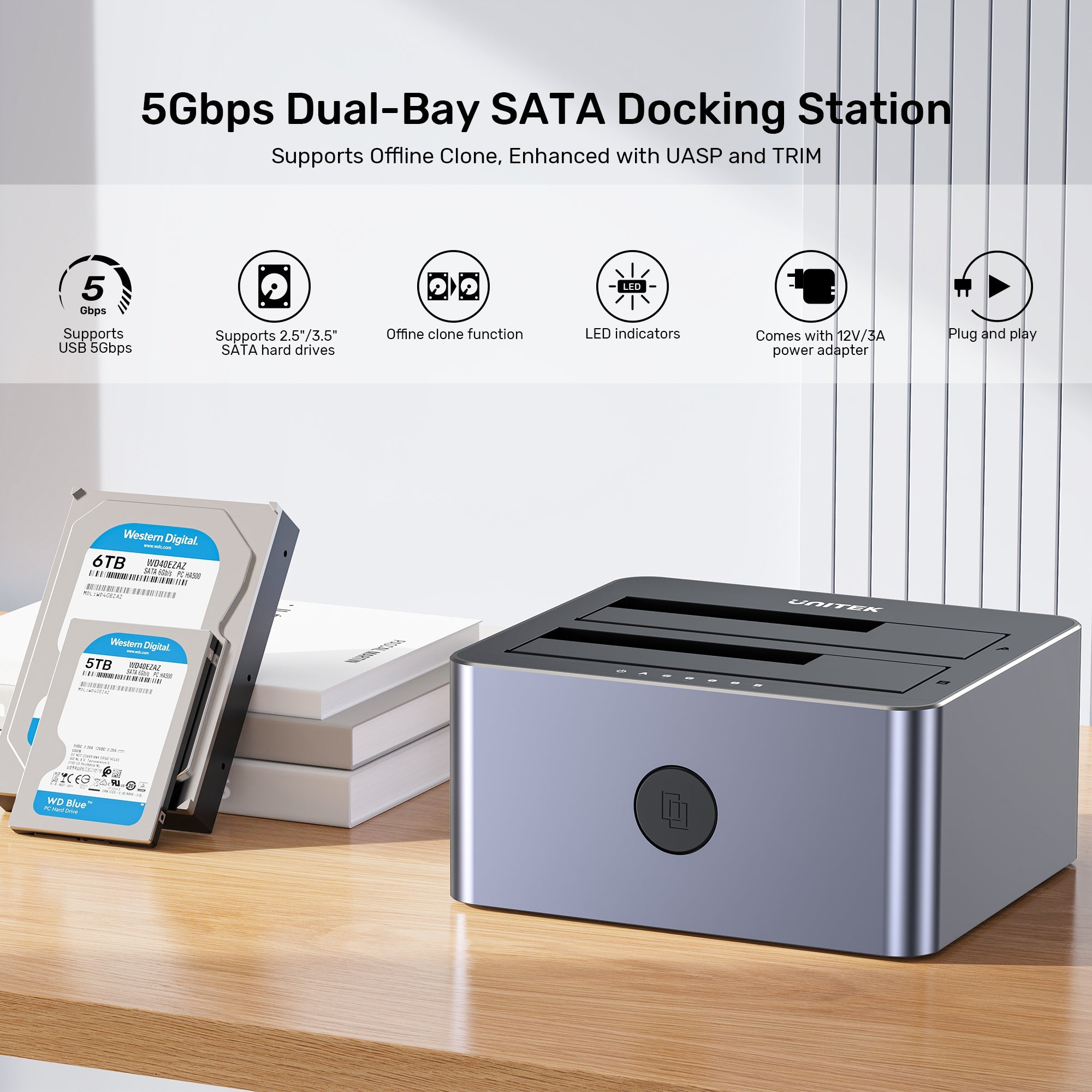 Unitek USB 3.0 to SATA III Dual Bay HDD/ SSD Docking Station with UASP & Offline Clone, Aluminum, 12V3A Power Adaptor