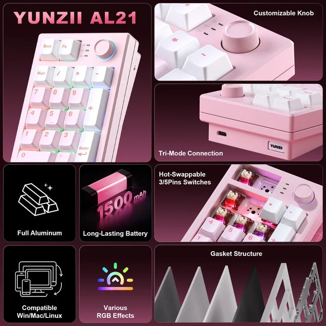 YUNZII AL21 Wireless Aluminum Mechanical Numpad Keyboard with Knob