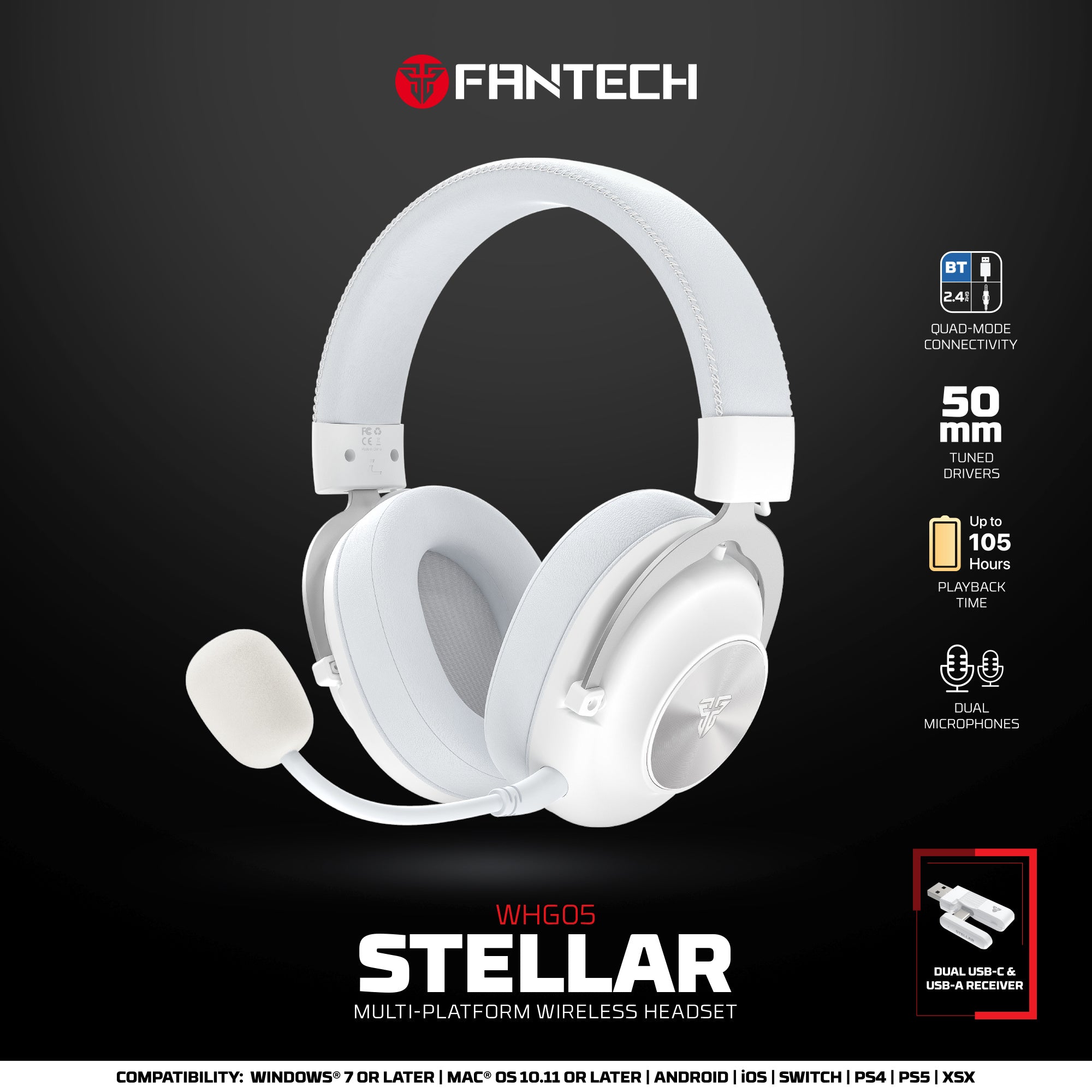 Fantech WHG05 STELLAR Wireless Bluetooth Dual Microphones Multi-platform Headset