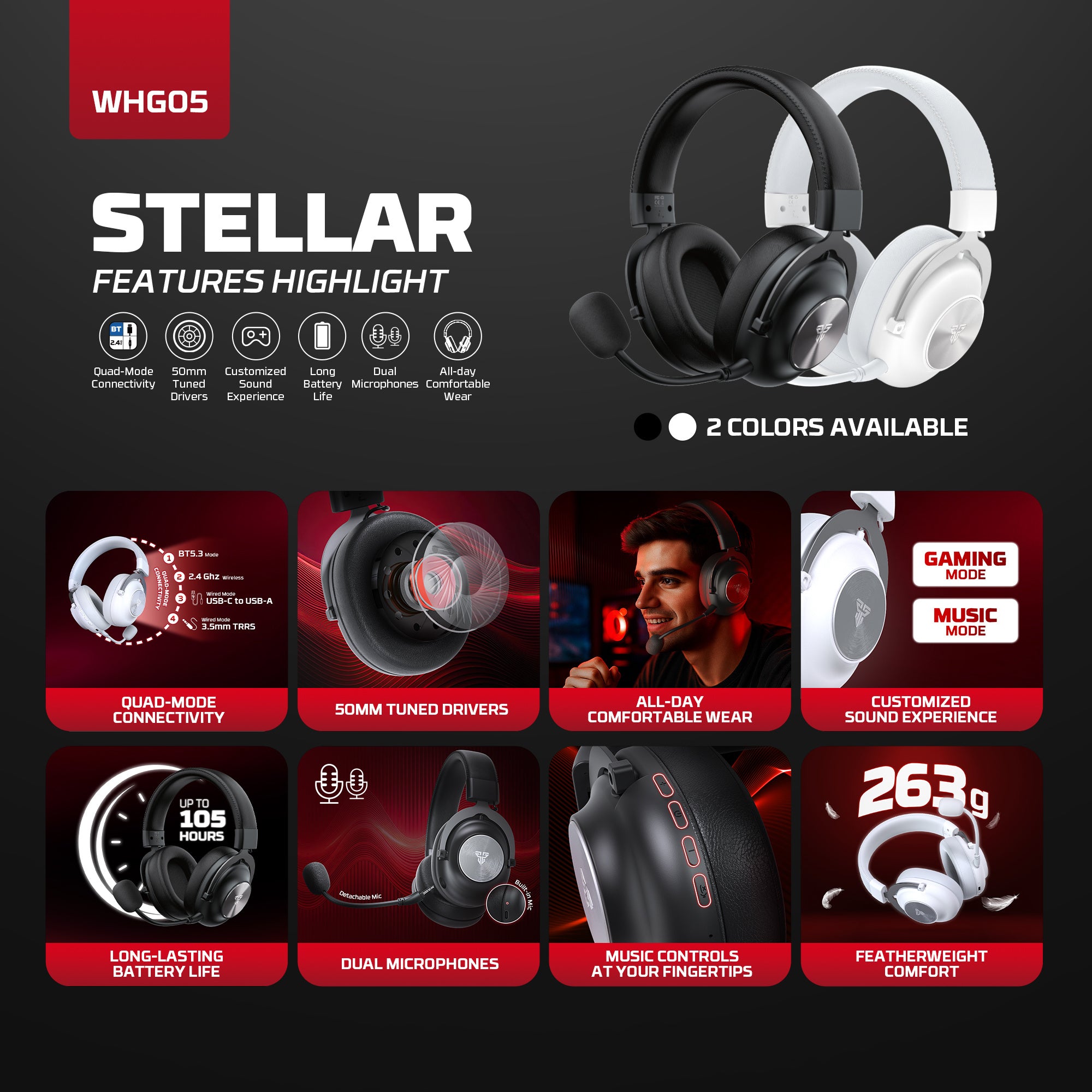 Fantech WHG05 STELLAR Wireless Bluetooth Dual Microphones Multi-platform Headset