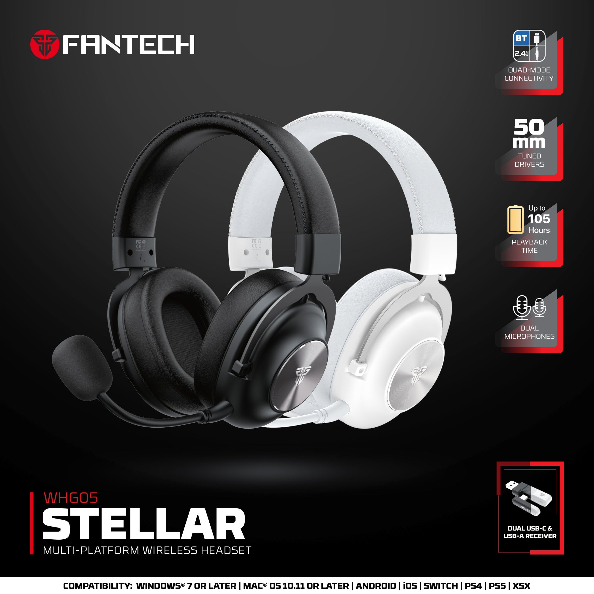 Fantech WHG05 STELLAR Wireless Bluetooth Dual Microphones Multi-platform Headset