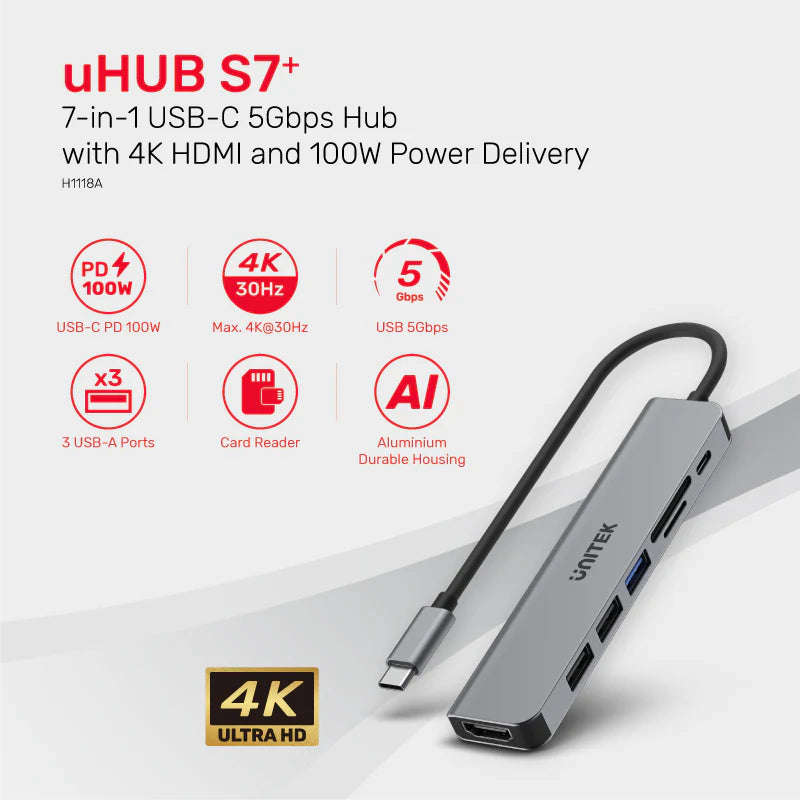 Unitek 7-in-1 USB-C Hub, USB2.0*2+USB3.0*1+Card Reader+HDMI Port+100W PD