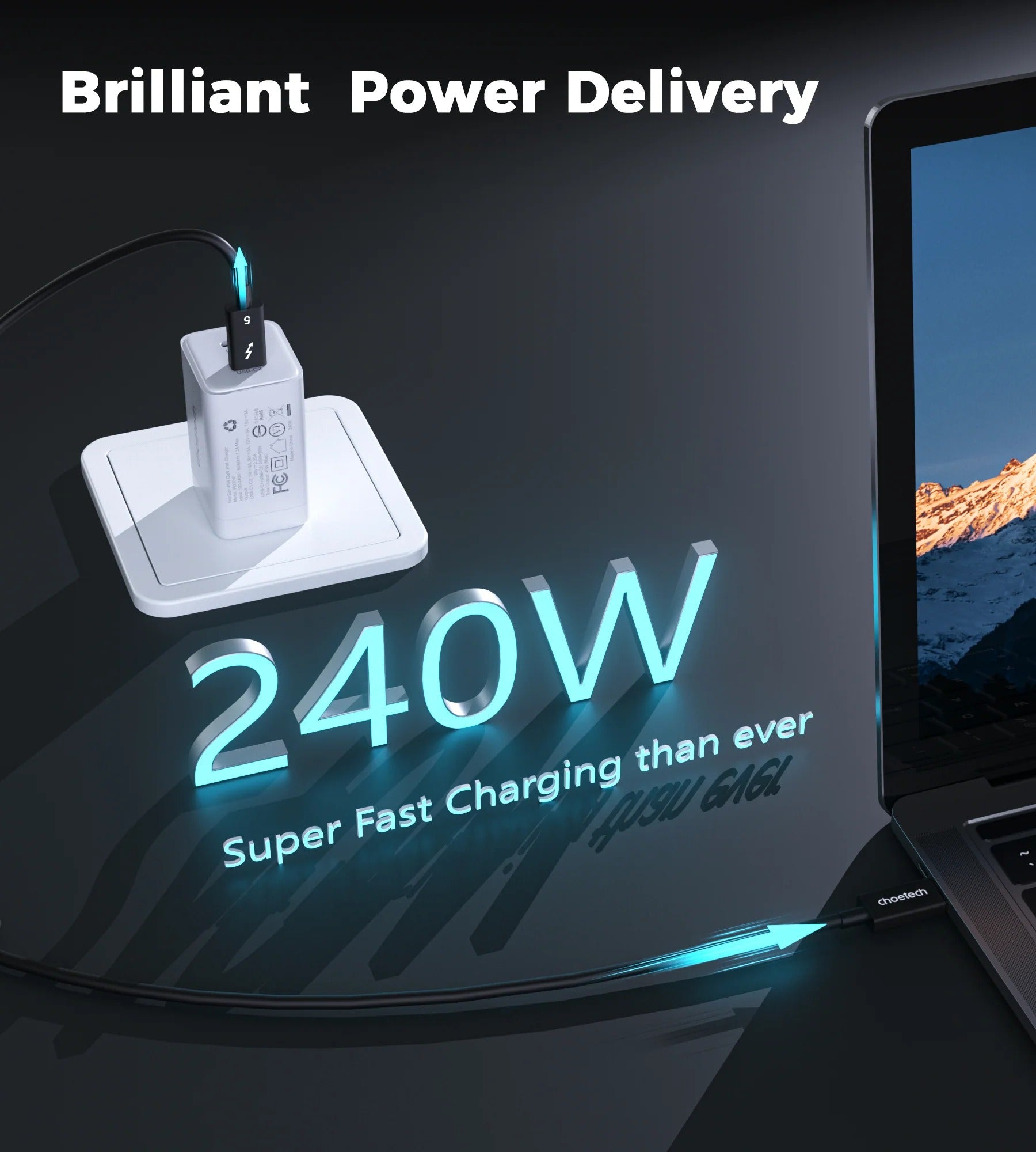 Choetech HyperLink Thunderbolt 5 240W USB-C to C Fast Charging Intel Certified Cable - 120Gbps 8K@60Hz, 1m