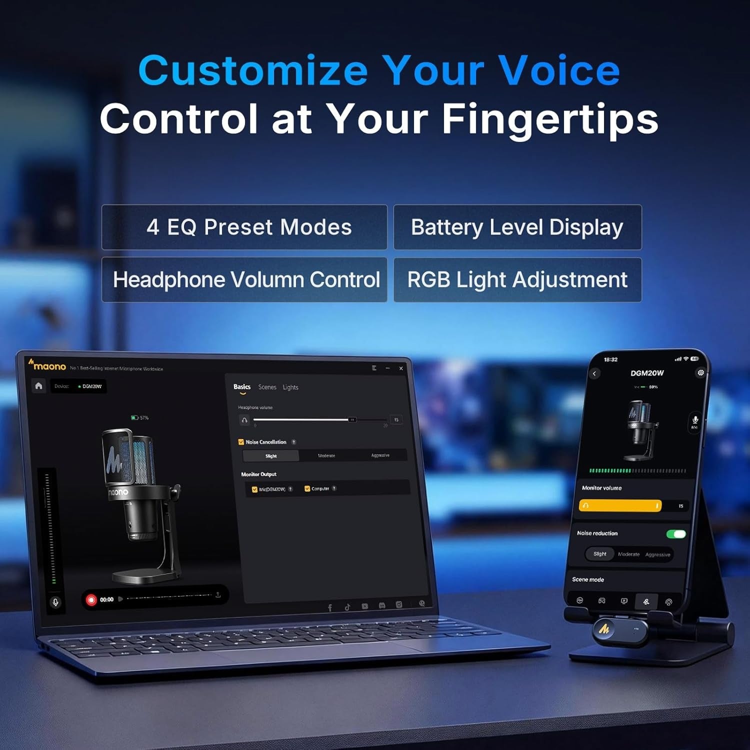 MAONO DGM20WS Wireless RGB Gaming Microphone with Book Arm
