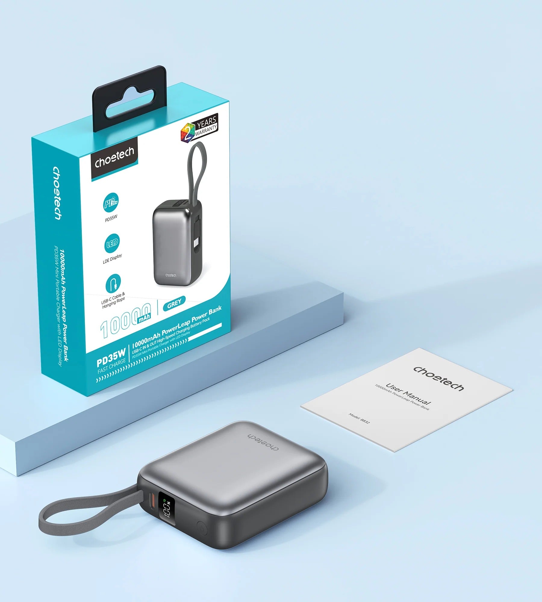 Choetech PowerLeap 10000mAh 35W Built-in USB-C Cable Mini Power Bank