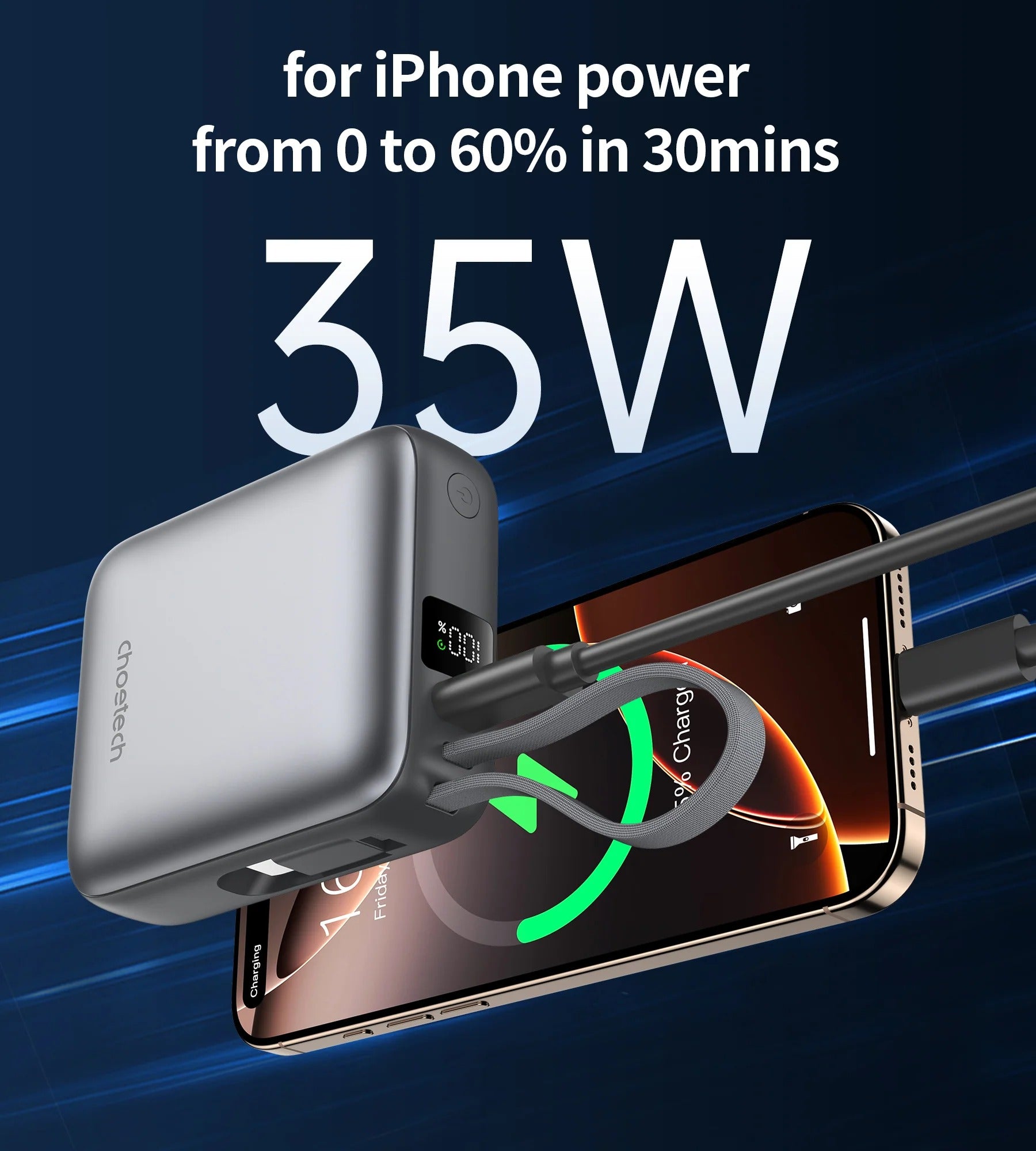 Choetech PowerLeap 10000mAh 35W Built-in USB-C Cable Mini Power Bank