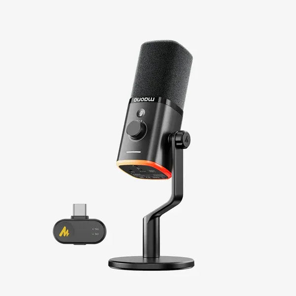 MAONO PD100W Wireless & USB Dynamic Microphone for Podcasting, Game Streaming (Desktop stand)
