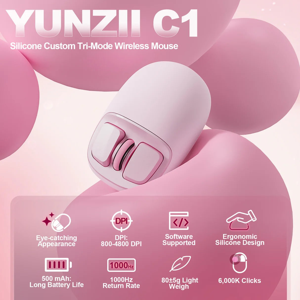 YUNZII C1 Silicone Tri-Mode Wireless Custom Mouse