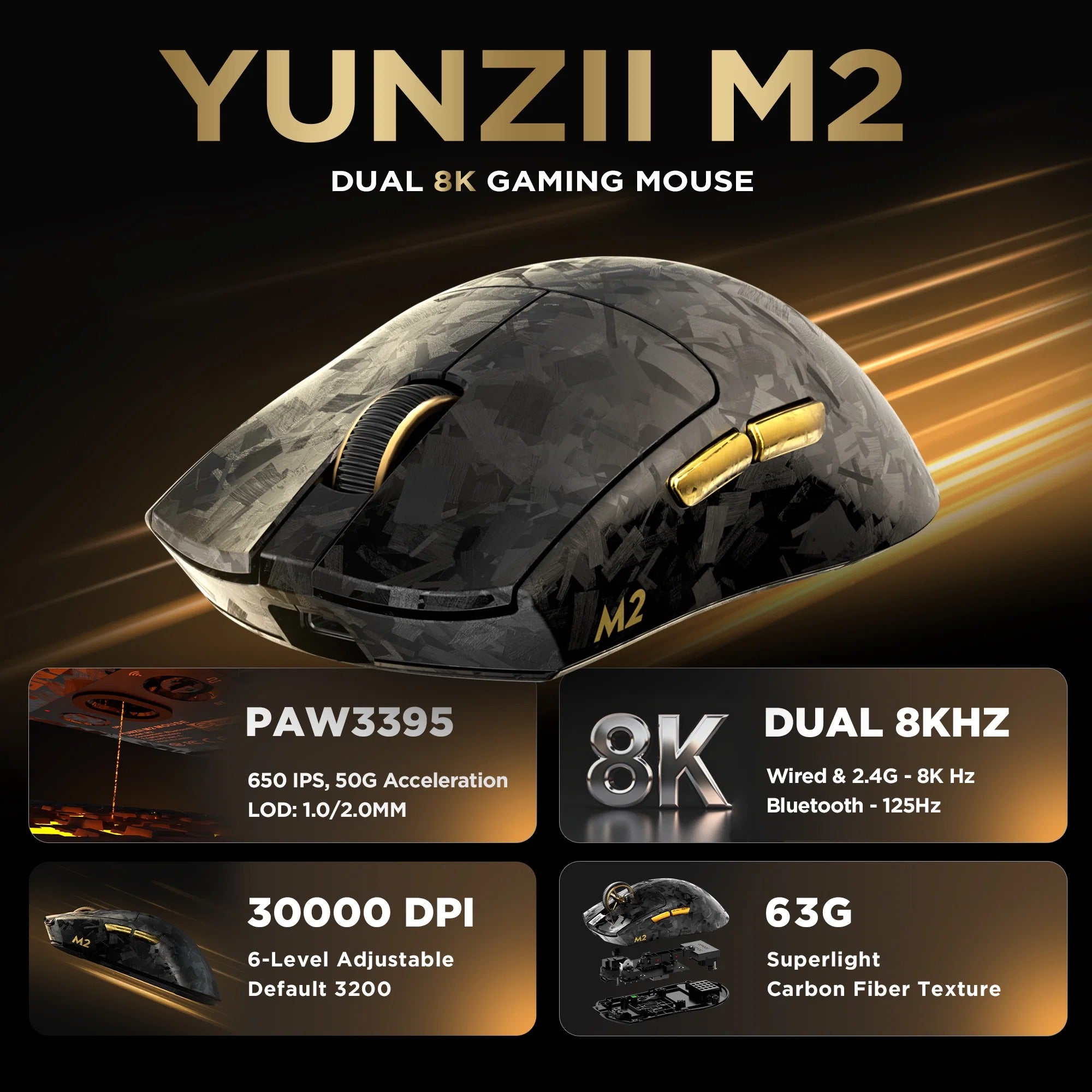 YUNZII M2 Dual 8K Tri-Mode Wireless Carbon Fiber Gaming Mouse