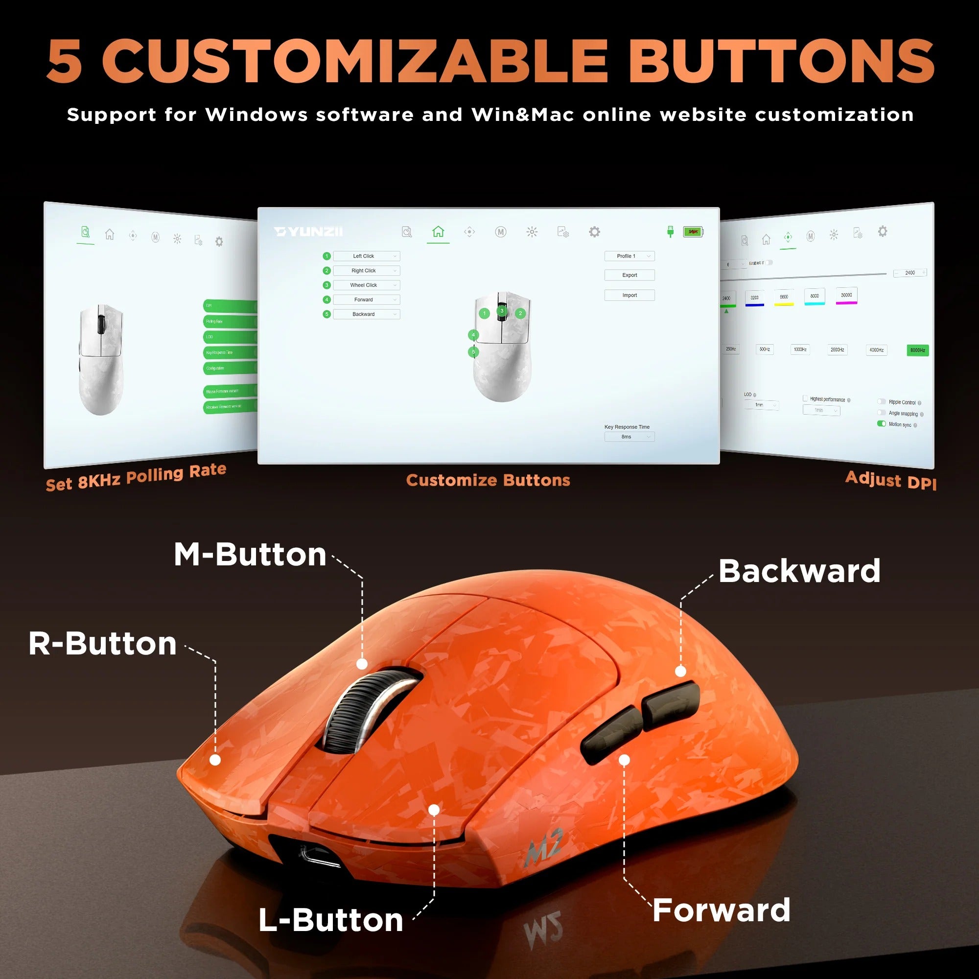 YUNZII M2 Dual 8K Tri-Mode Wireless Carbon Fiber Gaming Mouse