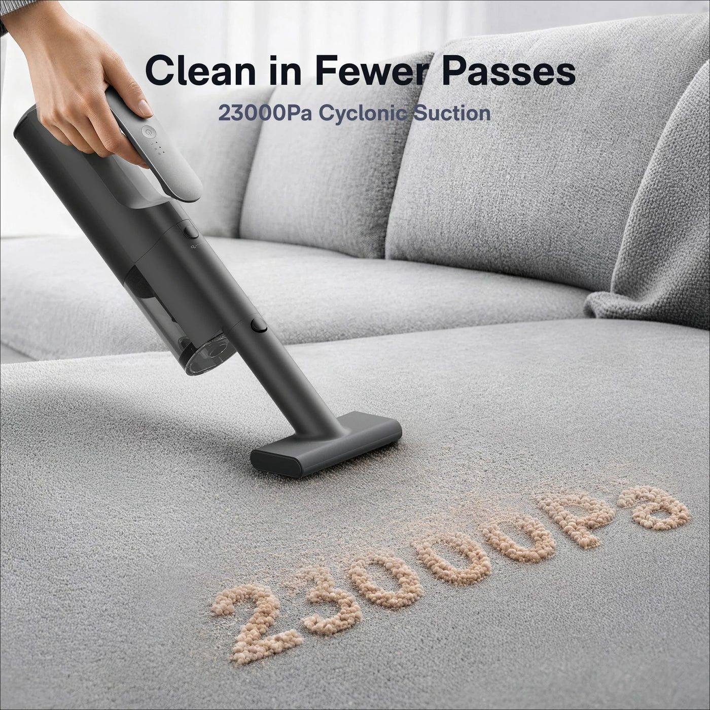 HOTO BlowVac removing debris from a sofa with 23000Pa suction