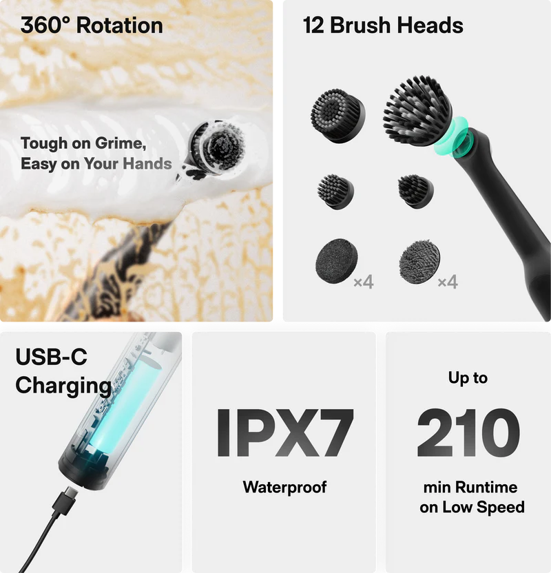 HOTO Wand Cordless Waterproof Spin Scrubber 12 pieces Kit